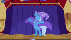 Size: 1920x1080 | Tagged: safe, screencap, trixie, pony, unicorn, boast busters, g4, bipedal, cape, clothes, female, hat, mare, open mouth, solo, standing, trixie's cape, trixie's hat, y pose