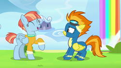 Size: 1920x1080 | Tagged: safe, screencap, spitfire, windy whistles, pegasus, pony, g4, parental glideance, clothes, cloudsdale, duo, duo female, female, goggles, mare, open mouth, rainbow waterfall, raised hoof, uneasy, uniform, wonderbolts uniform