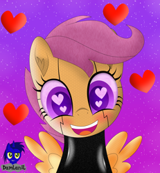 Size: 3840x4154 | Tagged: safe, alternate version, artist:damlanil, scootaloo, android, pegasus, pony, robot, robot pony, g4, blushing, catsuit, clothes, cute, cutealoo, female, filly, happy, heart, heart eyes, latex, latex suit, looking at you, mare, open mouth, rubber, scootabot, shine, shiny, simple background, smiling, spy, suit, vector, weapons-grade cute, wingding eyes, wings