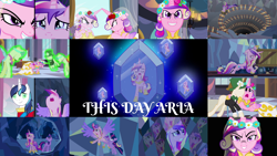 Size: 1978x1113 | Tagged: safe, edit, edited screencap, editor:quoterific, screencap, princess cadance, queen chrysalis, shining armor, twilight sparkle, alicorn, pony, unicorn, a canterlot wedding, g4, season 2, cart, clone, clothes, crying, disguise, disguised changeling, dress, duo, duo female, evil, eyes closed, fake cadance, female, flying, glowing horn, gritted teeth, horn, magic, magic aura, male, nose in the air, open mouth, running, singing, song, teeth, this day aria, unicorn twilight, wedding dress