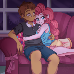 Size: 2000x2000 | Tagged: safe, artist:lucy-tan, pinkie pie, oc, oc:copper plume, equestria girls, g4, breasts, canon x oc, cleavage, clothes, commission, commissioner:imperfectxiii, copperpie, couch, cuddling, diapinkes, female, high res, indoors, male, shipping, shirt, shorts, sitting, squishy cheeks, straight, window
