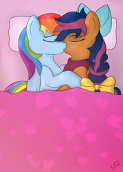 Size: 732x1028 | Tagged: safe, artist:limedreaming, rainbow dash, oc, oc:solar comet, pegasus, pony, g4, bed, bow, braid, canon x oc, disguise, disguised changedling, eyelashes, eyes closed, female, freckles, hair bow, kissing, pillow, shipping, under covers
