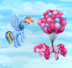 Size: 2963x2833 | Tagged: safe, artist:zowzowo, pinkie pie, rainbow dash, earth pony, pegasus, pony, g4, balloon, cute, duo, female, floating, flying, high res, lesbian, ship:pinkiedash, shipping, then watch her balloons lift her up to the sky
