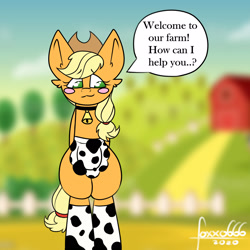 Size: 1950x1950 | Tagged: safe, artist:foxxo666, applejack, earth pony, pony, g4, apron, bell, bell collar, bipedal, blush sticker, blushing, clothes, collar, cowbell, cowprint, cute, dialogue, maid