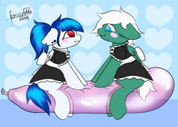 Size: 1400x1000 | Tagged: safe, artist:foxxo666, oc, oc:cuddle cruise, oc:maudlin chagrin, pony, balloon, balloon fetish, balloon riding, clothes, couple, fetish, looking at each other, maid, party balloon, play, that pony sure does love balloons