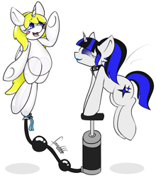 Size: 2200x2500 | Tagged: safe, artist:foxxo666, oc, oc only, oc:coldlight bluestar, oc:deadie, balloon pony, inflatable pony, pony, balloon, balloon fetish, blushing, fetish, floating, high res, hose bulges, inflation, pump
