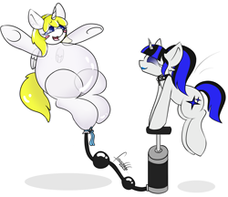 Size: 2950x2550 | Tagged: safe, artist:foxxo666, oc, oc only, oc:coldlight bluestar, oc:deadie, balloon pony, inflatable pony, pony, balloon, balloon fetish, blushing, fetish, floating, high res, hose bulges, inflation, overinflation, pump