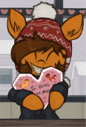 Size: 1054x1559 | Tagged: safe, artist:marsminer, oc, oc only, oc:venus spring, pony, braces, cute, female, filly, happy, hearts and hooves day, heartwarming, holiday, ocbetes, smiling, solo, valentine's day, venus spring actually having a pretty good time