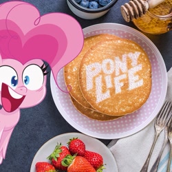 Size: 899x899 | Tagged: safe, pinkie pie, earth pony, pony, g4.5, my little pony: pony life, official, food, pancake day, pancakes, photo, solo, strawberry