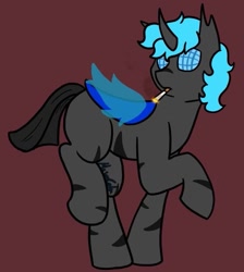 Size: 673x750 | Tagged: artist needed, safe, oc, oc only, oc:loshad, changeling, hybrid, pegasus, pony, black fur, blue eyes, blue hair, blue wings, changeling oc, cigarette, cigarette smoke, colored background, colored wings, compound eyes, holeless, horn, hybrid oc, male, pegasus oc, scar, scarred, simple background, smoking, solo, striped, wings