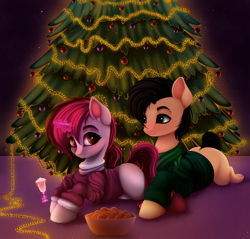 Size: 4072x3897 | Tagged: safe, artist:vetta, oc, oc only, oc:kosh, oc:vetta, earth pony, pony, unicorn, alcohol, blank flank, bowl, carpet, champagne, christmas, christmas lights, christmas tree, clothes, couple, earth pony oc, female, fruit, holiday, horn, looking at each other, looking at you, lying down, magic, male, mare, new years eve, ponytail, prone, smiling, socks, stallion, sweater, tangerine, telekinesis, tree, unicorn oc, wine