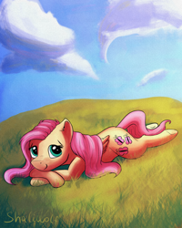 Size: 1920x2400 | Tagged: safe, artist:shaliwolf, fluttershy, pegasus, pony, g4, blushing, cute, daaaaaaaaaaaw, female, folded wings, grass, high res, looking at you, lying down, mare, outdoors, prone, scenery, scenery porn, shyabetes, sky, smiling, solo, three quarter view, wings