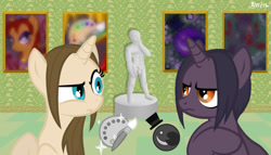 Size: 700x400 | Tagged: safe, artist:heartstringsxiii, oc, oc:magic brush, oc:midnight shade, pony, unicorn, cutie mark, horn, looking at each other, michelangelo, museum, pictures, rivalry, statue, unicorn oc