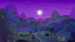 Size: 1280x720 | Tagged: safe, screencap, g4, season 7, the perfect pear, apple, apple tree, background, fence, hay bale, mare in the moon, moon, night, no pony, pear tree, scenic ponyville, sweet apple acres, tree