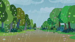 Size: 1280x720 | Tagged: safe, screencap, g4, the perfect pear, background, cloud, no pony, pear tree, rain, scenic ponyville, tree