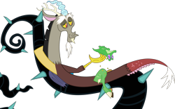 Size: 7191x4515 | Tagged: safe, artist:frownfactory, discord, gummy, alligator, draconequus, g4, princess twilight sparkle (episode), absurd resolution, arm behind back, duo, duo male, horns, lying down, male, on back, simple background, smiling, transparent background, vector, vine, wings