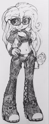 Size: 1409x3550 | Tagged: safe, artist:shadowhawx, sunset shimmer, equestria girls, g4, belly button, boots, breasts, cleavage, clothes, female, high res, jacket, leather, leather boots, leather jacket, monochrome, rock (music), rocker, shoes, solo, traditional art