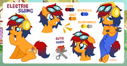 Size: 1200x623 | Tagged: safe, artist:jennieoo, oc, oc only, oc:electric swing, earth pony, pony, clothes, crossed hooves, cutie mark, frown, happy, laughing, overalls, reference sheet, sad, show accurate, smiling, smug, solo, standing, thinking, vector, wrench