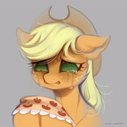 Size: 4000x4000 | Tagged: safe, artist:rrd-artist, applejack, earth pony, pony, g4, applejack's hat, clothes, cowboy hat, crying, feels, female, granny smith's shawl, gray background, hat, implied death, implied granny smith, no pupils, sad, simple background, solo, tears of sadness, teary eyes