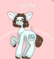 Size: 933x1024 | Tagged: safe, artist:kxyluna, oc, oc only, earth pony, pony, abstract background, colored hooves, earth pony oc, floppy ears, food, ice cream, signature, solo