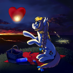 Size: 1200x1200 | Tagged: safe, artist:purring_cat, earth pony, pony, braid, female, lamp, mare, night, picnic, scenery, sky lantern, solo, sunset
