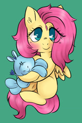 Size: 1280x1911 | Tagged: safe, artist:1eg, fluttershy, pegasus, pony, g4, blushing, cute, daaaaaaaaaaaw, eye clipping through hair, female, filly, filly fluttershy, green background, plushie, shyabetes, simple background, smiling, solo, younger