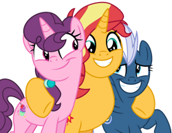 Size: 1024x791 | Tagged: safe, artist:emeraldblast63, night glider, sugar belle, sunset shimmer, earth pony, pegasus, pony, unicorn, g4, growing up is hard to do, backwards cutie mark, bipedal, female, hug, rebecca shoichet, show accurate, simple background, teeth, transparent background, trio, trio female, vector, voice actor joke