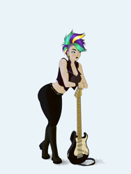 Size: 1920x2560 | Tagged: safe, artist:aquaticvibes, rarity, human, g4, alternate hairstyle, boots, breasts, busty rarity, clothes, electric guitar, guitar, humanized, leaning, leather pants, leather vest, midriff, musical instrument, pants, punk, raripunk, shoes, simple background, solo, white background