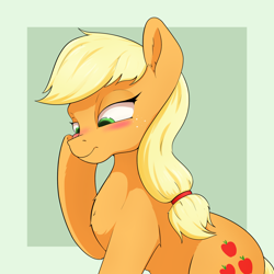 Size: 2000x2000 | Tagged: safe, artist:aquaticvibes, applejack, earth pony, pony, g4, blushing, cute, female, high res, hoof on cheek, jackabetes, mare, missing accessory, simple background, solo