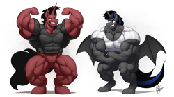 Size: 2209x1241 | Tagged: safe, artist:ponyanony, oc, oc only, oc:crimson crescent, oc:dark ice, alicorn, bat pony, bat pony alicorn, pony, unicorn, bat wings, brothers, clothes, fetish, flexing, horn, male, muscle fetish, muscles, shirt, siblings, t-shirt, twins, wings