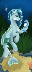 Size: 1632x3672 | Tagged: safe, artist:sharxz, oc, oc only, fish, merpony, serpent, bag, blue mane, bubble, crepuscular rays, fish tail, flowing mane, green eyes, ocean, seashell, seaweed, shell, smiling, solo, tail, underwater, water