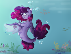 Size: 920x700 | Tagged: safe, artist:nuggdoodles, oc, oc only, seapony (g4), bubble, coral, crepuscular rays, dorsal fin, female, fin wings, fins, fish tail, flowing mane, flowing tail, ocean, seaweed, smiling, solo, sunlight, tail, underwater, water, wings