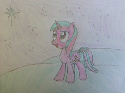 Size: 2592x1936 | Tagged: safe, artist:paladin360, oc, oc only, oc:cosmic spark, pony, unicorn, colored pencil drawing, comments locked down, female, mare, solo, stars, traditional art