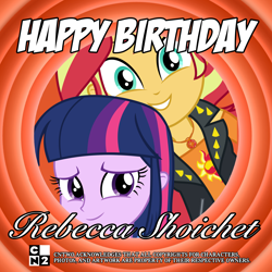 Size: 2000x2000 | Tagged: safe, sunset shimmer, twilight sparkle, equestria girls, g4, my little pony equestria girls: better together, happy birthday, high res, rebecca shoichet