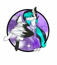 Size: 902x1024 | Tagged: safe, artist:yoonah, oc, oc only, pegasus, pony, abstract background, clothes, ear piercing, eyelashes, female, hoodie, looking back, mare, pegasus oc, piercing, solo, two toned wings, wings