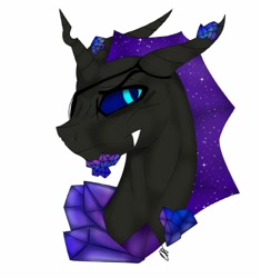Size: 962x1024 | Tagged: safe, artist:yoonah, oc, oc only, changeling, changeling oc, crystal, crystal changeling, fangs, horn, purple changeling, simple background, solo, white background