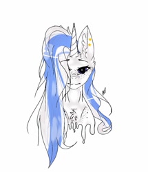 Size: 881x1024 | Tagged: safe, artist:yoonah, oc, oc only, pony, unicorn, black sclera, chest fluff, ear fluff, ear piercing, horn, piercing, simple background, solo, unicorn oc, white background