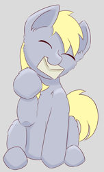 Size: 2767x4563 | Tagged: safe, artist:morrigun, derpy hooves, pony, g4, cute, derpabetes, eyes closed, head tilt, letter, mouth hold, raised hoof, simple background, smiling