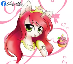 Size: 1680x1468 | Tagged: safe, artist:aleurajan, oc, oc only, pony, unicorn, abstract background, bust, cupcake, eyelashes, food, hoof shoes, horn, open mouth, peytral, smiling, solo, unicorn oc