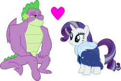 Size: 6727x4495 | Tagged: safe, artist:cloudy glow, artist:memnoch, edit, rarity, spike, dragon, pony, unicorn, g4, the last problem, bags under eyes, duo, eyeshadow, female, fur coat, gigachad spike, grey hair, heart, makeup, male, mare, older, older rarity, older spike, ship:sparity, shipping, simple background, sitting, skunk stripe, smiling, straight, transparent background, vector, winged spike, wings