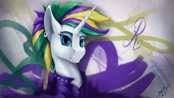 Size: 3840x2160 | Tagged: safe, artist:tenebrisnoctus, rarity, pony, unicorn, g4, alternate hairstyle, bust, clothes, ear piercing, earring, female, graffiti, high res, jacket, jewelry, leather jacket, mare, piercing, punk, raripunk, solo
