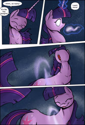 Size: 1920x2816 | Tagged: safe, artist:shieltar, part of a set, twilight sparkle, pony, unicorn, comic:giant twilight, g4, comic, cosmic vore, cute, dialogue, female, galaxy, giant pony, giant twilight sparkle, giantess, glowing eyes, growth, jewelry, macro, magic, mare, necklace, nose in the air, part of a series, pony bigger than a galaxy, pony bigger than a planet, pony bigger than a solar system, pony bigger than a star, pony heavier than a black hole, pony heavier than a galaxy, signature, size difference, solo, space, stars, tangible heavenly object, unicorn twilight