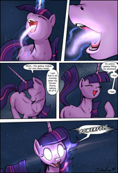 Size: 1920x2816 | Tagged: safe, artist:shieltar, part of a set, twilight sparkle, pony, unicorn, comic:giant twilight, g4, comic, cosmic vore, cute, dialogue, female, galaxy, giant pony, giant twilight sparkle, giantess, glowing eyes, jewelry, macro, magic, mare, necklace, nose in the air, part of a series, pony bigger than a galaxy, pony bigger than a planet, pony bigger than a solar system, pony bigger than a star, pony heavier than a black hole, pony heavier than a galaxy, signature, size difference, solo, space, stars, tangible heavenly object, unicorn twilight