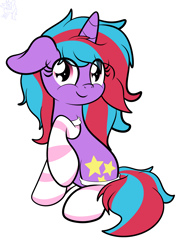 Size: 2060x2911 | Tagged: safe, artist:php142, oc, oc only, oc:cosmic spark, pony, unicorn, clothes, comments locked down, high res, looking at you, signature, simple background, socks, solo, striped socks, white background
