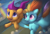 Size: 7400x4996 | Tagged: safe, artist:auroriia, rainbow dash, scootaloo, pegasus, pony, g4, absurd resolution, cute, duo, female, filly, flying, holding a pony, mare, open mouth, rainbow, scootalove, spread wings, windswept mane, wings