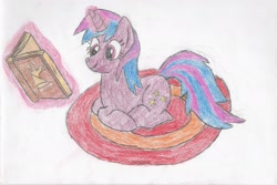 Size: 3128x2093 | Tagged: safe, artist:cosmicspark, oc, oc only, oc:cosmic spark, pony, unicorn, book, colored pencil drawing, comments locked down, female, high res, lying down, magic, mare, prone, telekinesis, traditional art