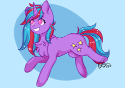 Size: 3507x2480 | Tagged: safe, artist:myugi, oc, oc only, oc:cosmic spark, pony, unicorn, blue background, comments locked down, female, high res, mare, signature, simple background, smiling, solo
