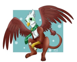 Size: 1080x864 | Tagged: safe, artist:_shotataarts_, greta, griffon, pony, g4, abstract background, clothes, female, scarf, scroll, sitting, smiling, solo, spread wings, wings