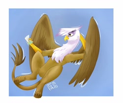 Size: 1080x904 | Tagged: safe, artist:_shotataarts_, gilda, griffon, pony, g4, abstract background, arm behind head, chest fluff, female, relaxing, signature, smiling, solo, wings