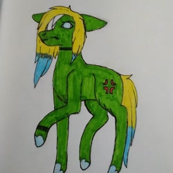 Size: 1080x1080 | Tagged: safe, artist:_shotataarts_, oc, oc only, earth pony, pony, bandage, choker, colored hooves, cross-popping veins, earth pony oc, female, mare, raised hoof, solo, traditional art